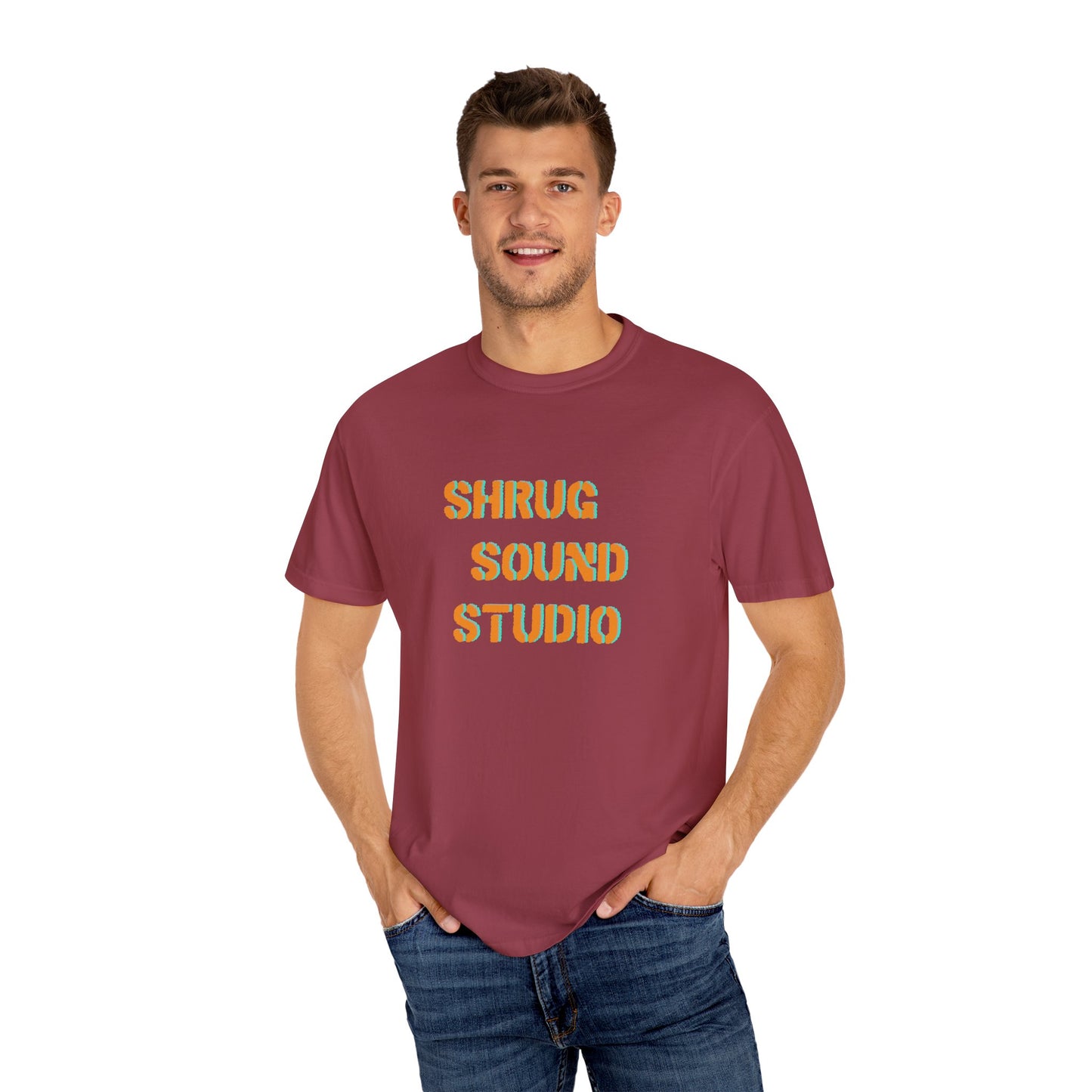 E) Shrug Sound Studio Stencil - Unisex Garment-Dyed T-Shirt
