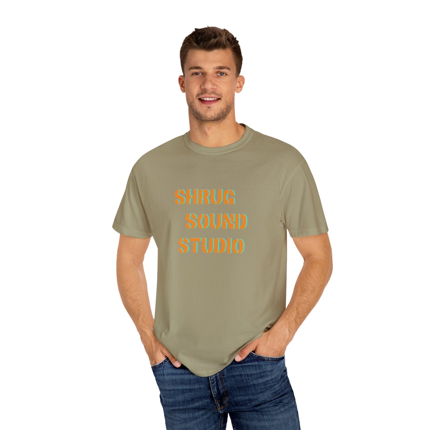 E) Shrug Sound Studio Stencil - Unisex Garment-Dyed T-Shirt