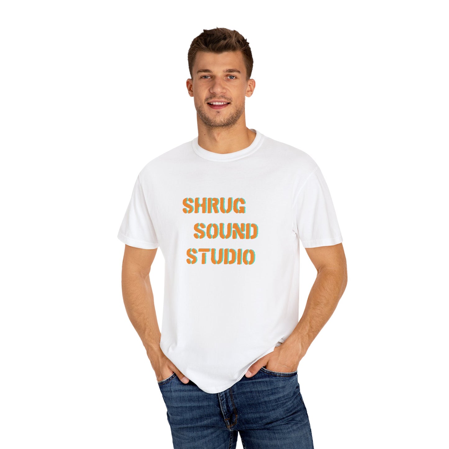 E) Shrug Sound Studio Stencil - Unisex Garment-Dyed T-Shirt