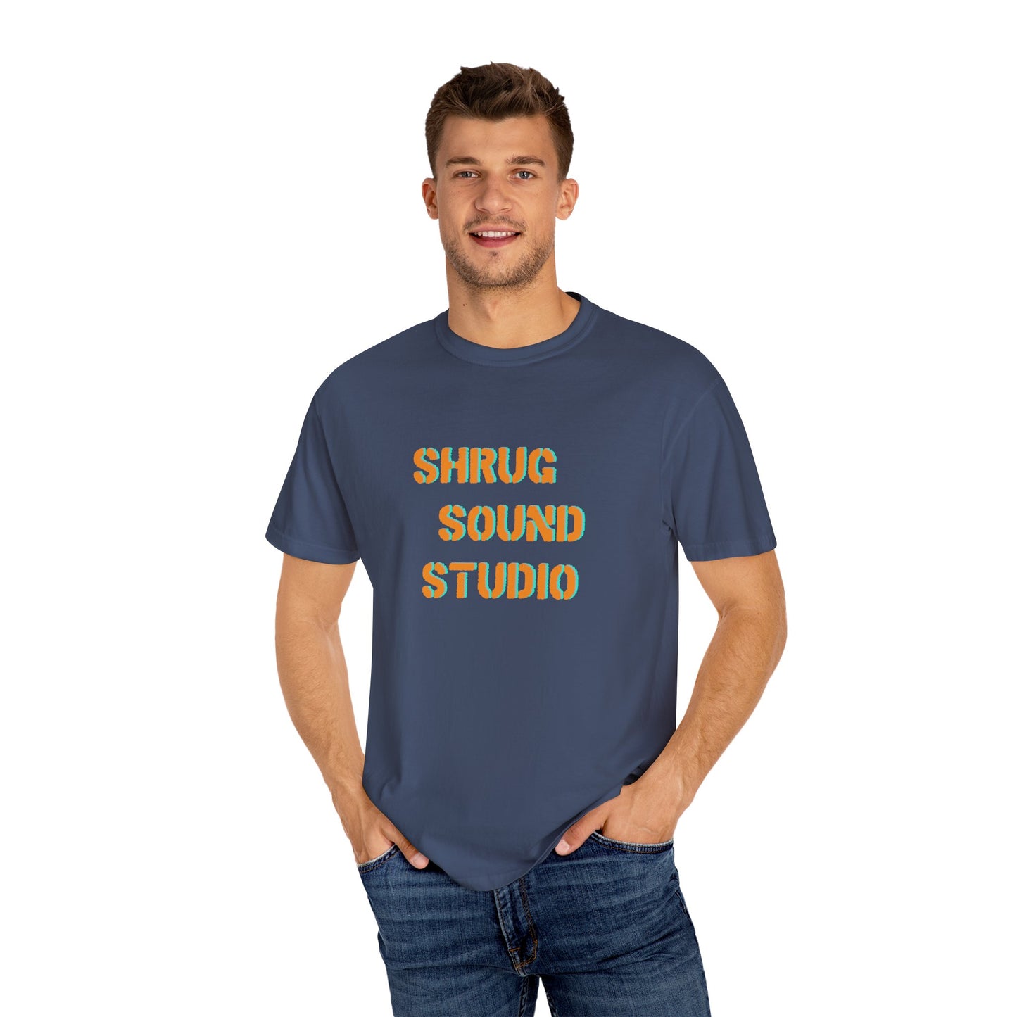 E) Shrug Sound Studio Stencil - Unisex Garment-Dyed T-Shirt