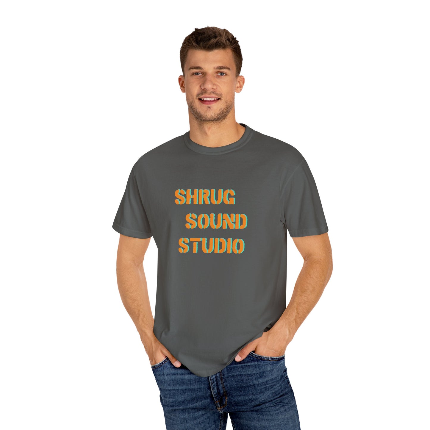 E) Shrug Sound Studio Stencil - Unisex Garment-Dyed T-Shirt