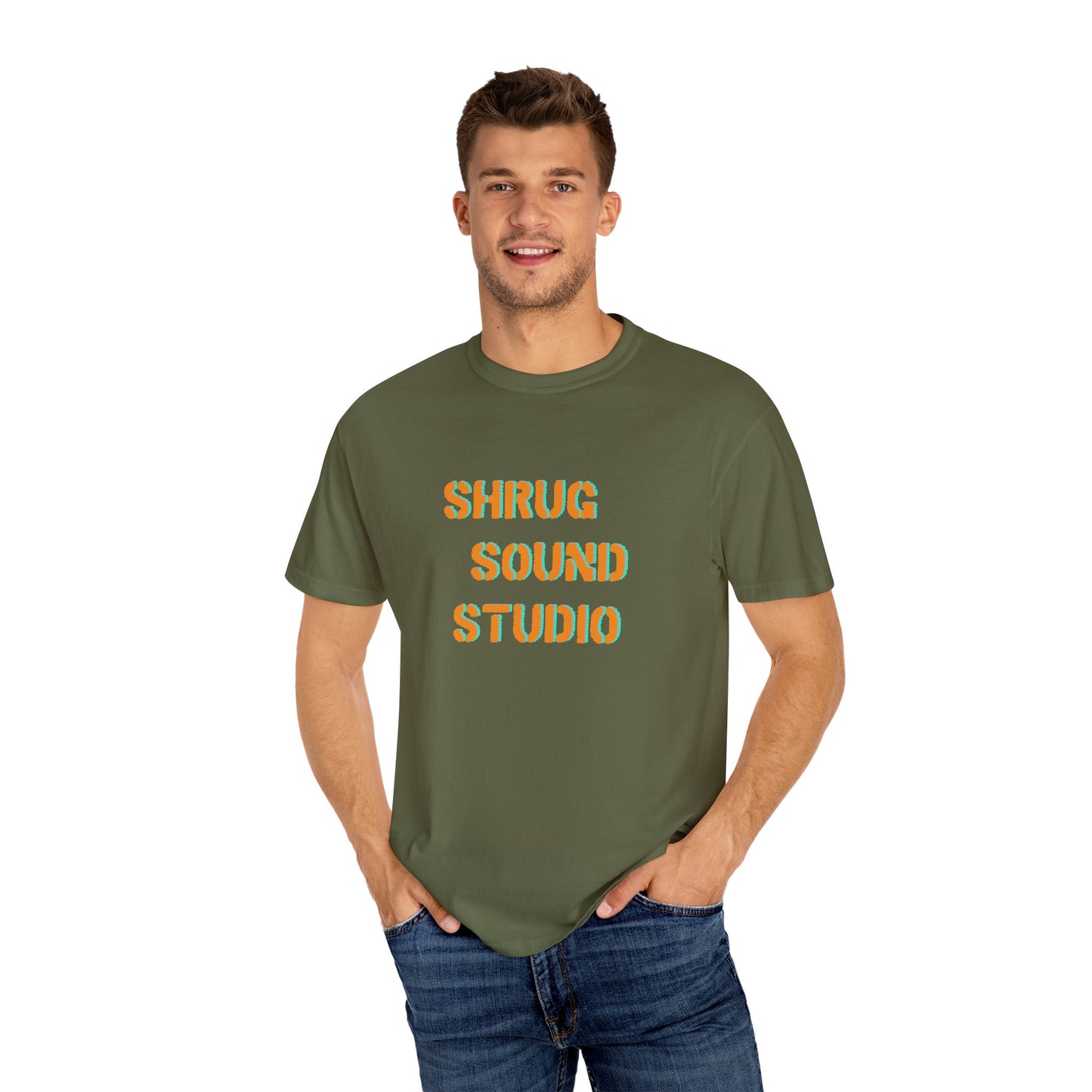 E) Shrug Sound Studio Stencil - Unisex Garment-Dyed T-Shirt