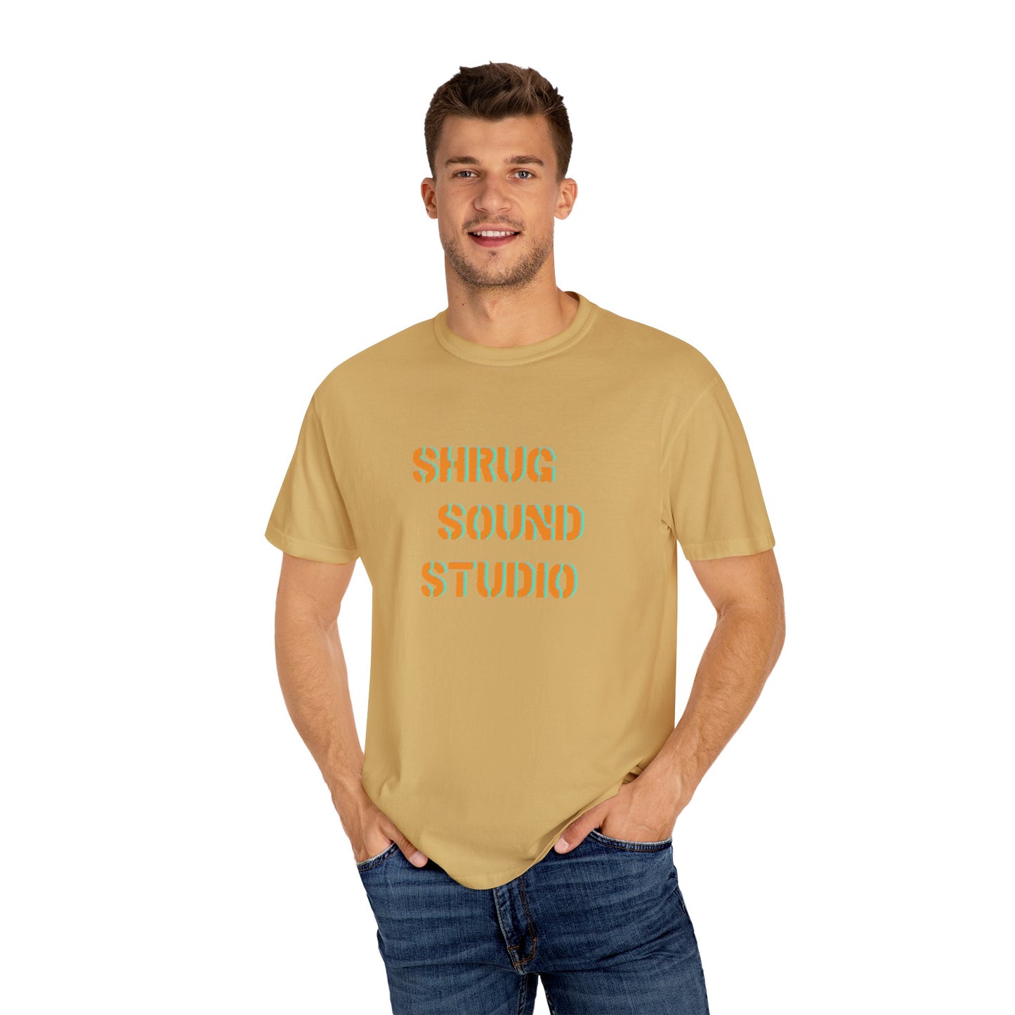 E) Shrug Sound Studio Stencil - Unisex Garment-Dyed T-Shirt