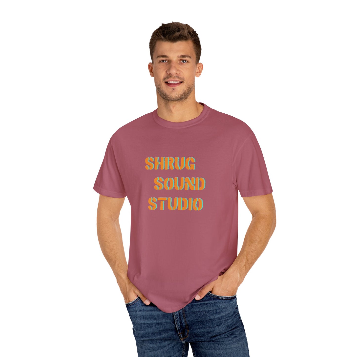 E) Shrug Sound Studio Stencil - Unisex Garment-Dyed T-Shirt