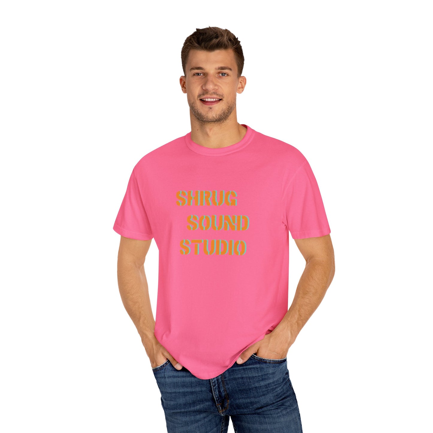 E) Shrug Sound Studio Stencil - Unisex Garment-Dyed T-Shirt